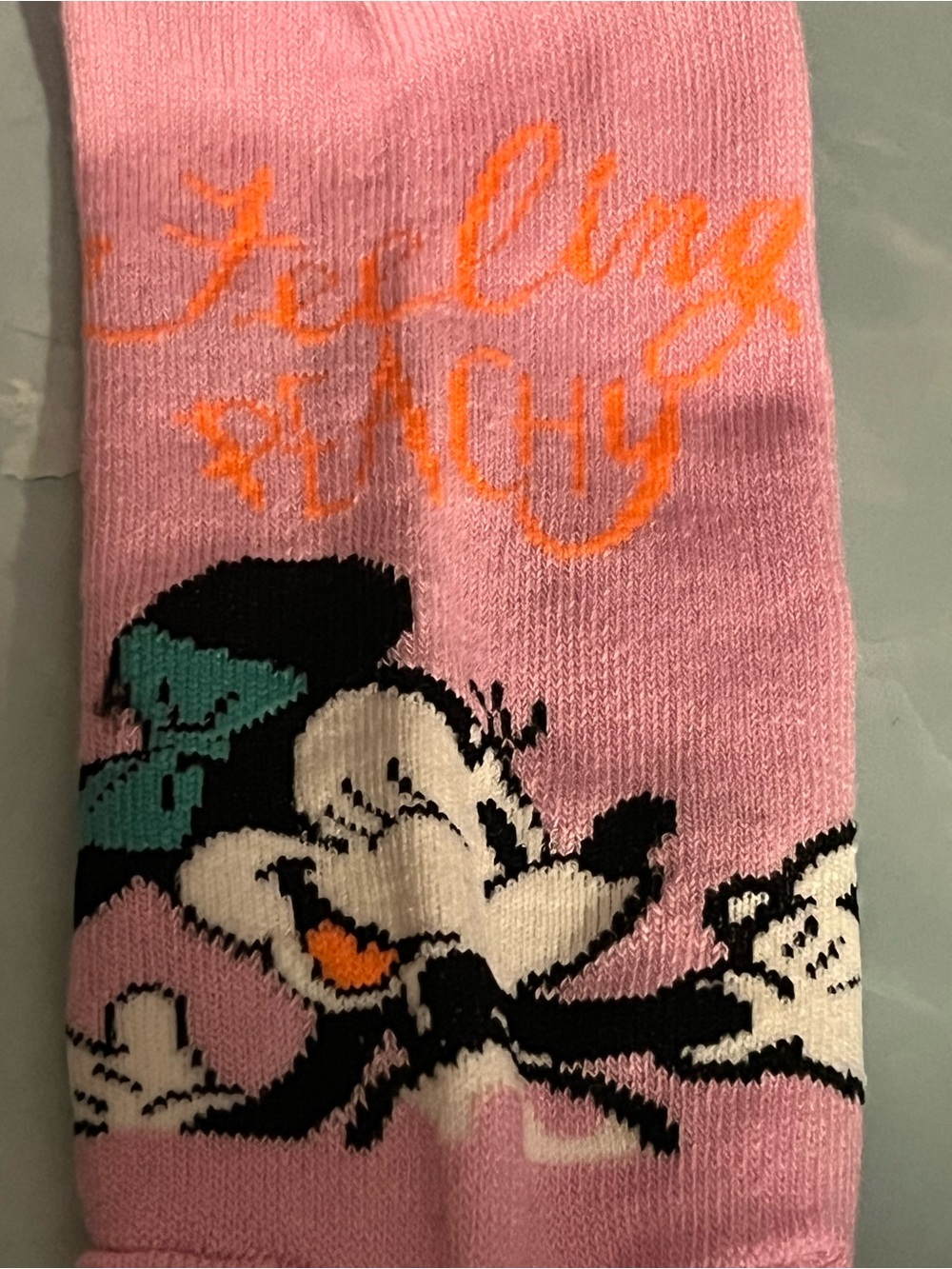 Disney Pink Minnie Mouse Crew Socks with Teal Bow and Orange Script